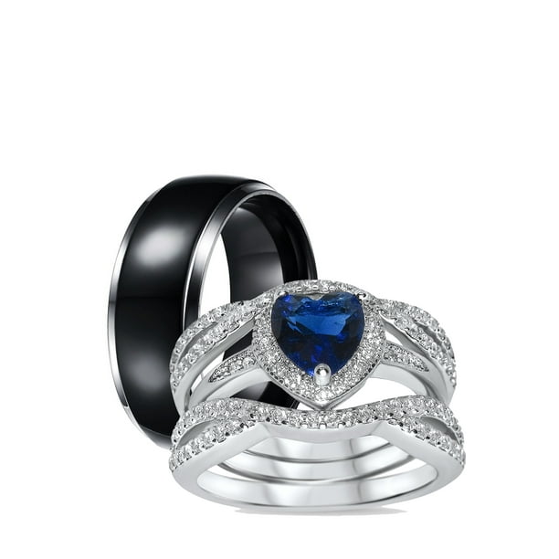 Halo Three Piece Trio Set Wedding Ring Infinity Round Simulated Blue Aquamarine CZ 925 Sterling Silver